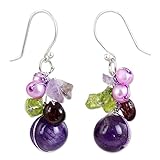 NOVICA Garnet and Amethyst Cluster Earrings with Cultured Freshwater Pearls and Peridot, Bright Bouquet'