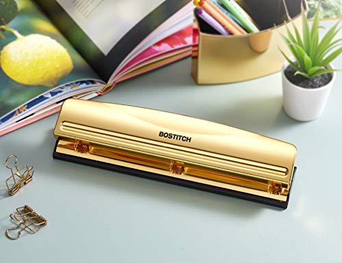image for Bostitch Office 3 Hole Punch, 12 Sheet Capacity, Metal, Gold Chrome