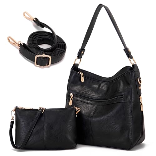 Womens Leather Hobo Handbag Ladies Fashion Tote Satchel Shoulder Crossbody Bags 2pcs Work Purses Set Black