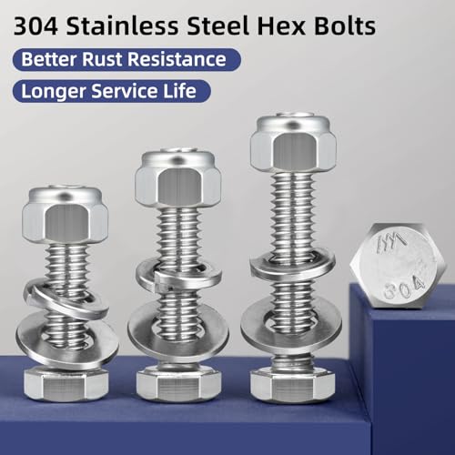 Image of (12 Sets) 3 /8-16 x 4 Hex Head Screw Bolt,Lock Nuts,Flat & Lock Washers Kits,304 Stainless Steel 18-8,Fully Threaded