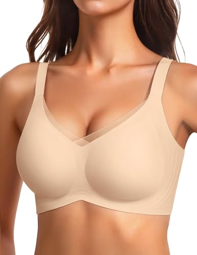 Image of Vertvie Wireless Jelly Bra Seamless Supportive Crossover | Full Coverage & Lift, Mesh V-Neck, No Underwire, Back Smoothing, Push Up, Plus Size, All-Age Comfort, Everyday T-shirt Bra