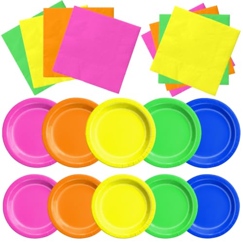 CMUSKO Glow in the Dark Party Supplies - 60Pcs Neon Party Plates & Napkins Set 80s Neon Lets Glow Themed Tableware for Birthday
