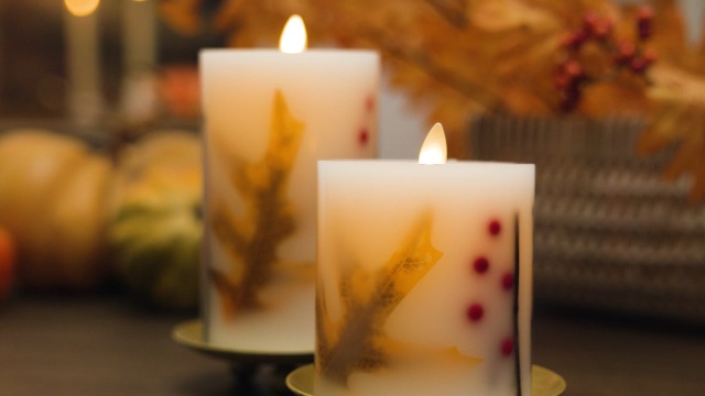 Image of Luminara - Flameless Flickering Moving Flame Battery Operated Unscented Candle LED Decor & Gift- Embedded Pillar Collection (Orange Leaf, 3.5 inch x 6.5 inch)