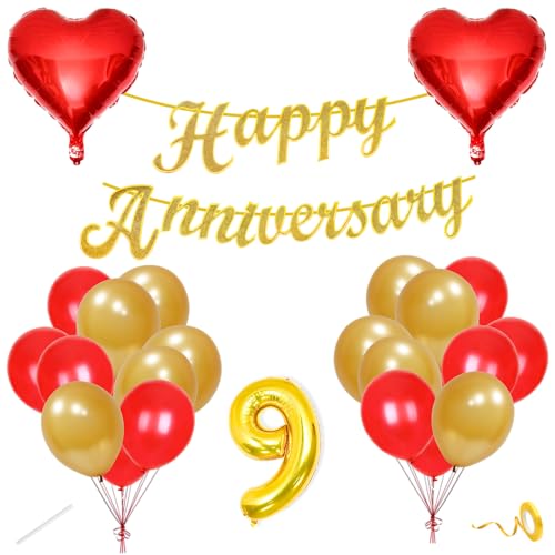 Image of Flyloons 9th Happy Anniversary Decoration Items Red Gold for Men Women Husband Wife Mom Dad Parent Couple Home Bedroom Car With 20 Pcs Metallic Balloons Anniversary Banner 2 Pcs Heart Set Kit