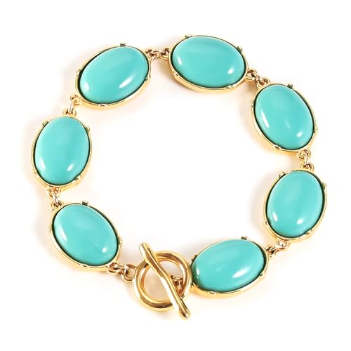 Turquoise Charm Bracelet for Women 18K Gold Plated Turquoise Charms Dainty Stackable Gold Bracelets Toggle Clasp Vintage Jewelry Birthday Gift for Her