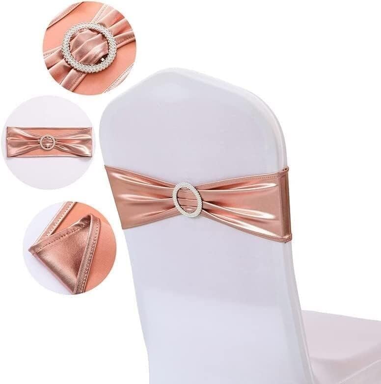 Elastyczna opaska na krzesło weselne, 10/50 szt. Elastan Elastyczna szarfa na krzesło Opaska z klamrą na wesele Bankiet Party Decor Metaliczne złoto Srebro Knot Bows-Gold, 50 szt. (Kolor: czarny) (Col