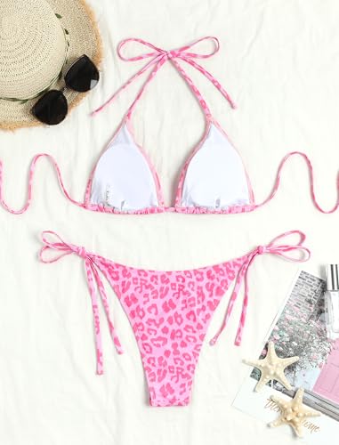 Image of ZAFUL Womens Printed Triangle Bikinis 2 Piece Halter Bikini Sets High Cut Bathing Suit Side Tie Swimsuits