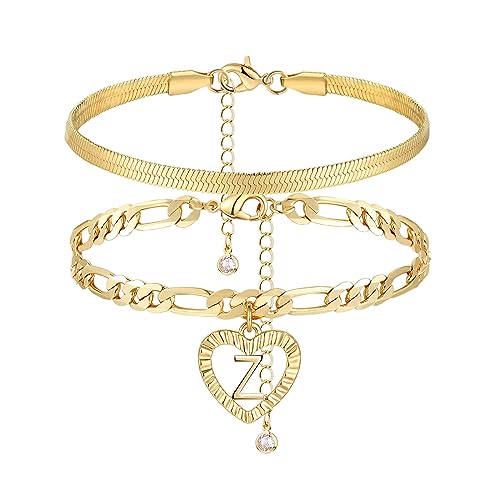 Image of YANODA Gold Ankle Bracelets for Women Waterproof, 14k Gold Plated Layered Snake Anklets Figaro Chain Letter Initial Anklets Handmade Heart Ankle Bracelets Personalized for Women Beach Jewelry Gifts