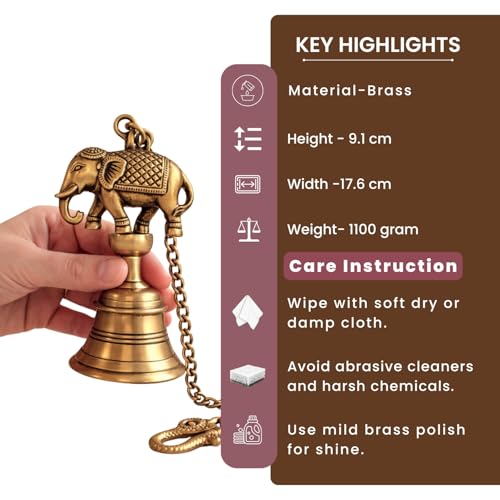 Image of ExclusiveLane 'Sacred Elephant' Brass Decorative Hanging Bell (100% Pure Brass, 63.6 Cm, 1.1 Kg, Hand-Etched) | Mandir Hanging Bells for Pooja Room Temple Bells for Mandir