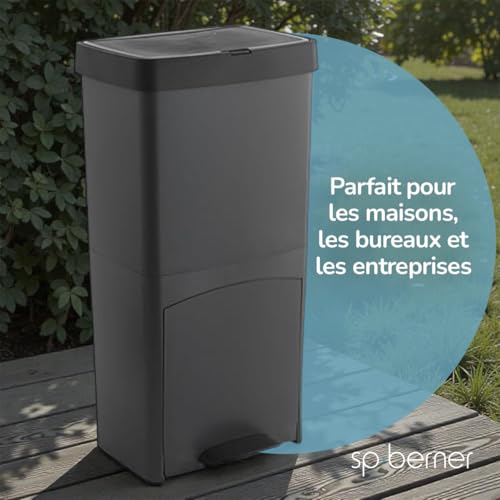 Sp Berner - Cestino Per La Raccolta Differenziata Da 70 Litri Con Pedale - 3 Scomparti (30 Litri + 10 Litri + 30 Litri) - 100% Plastica Riciclabile - Grigio Antracite - 8