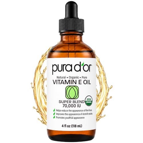 PURA D'OR 4 Oz Organic Vitamin E Oil 70,000 IU, USDA Certified Ayurvedic Skin Care, Face, Body w/Argan, Jojoba, Rosehip, Apricot, Almond & Avocado, Lightweight Moisturizer for Soft, Smooth Skin