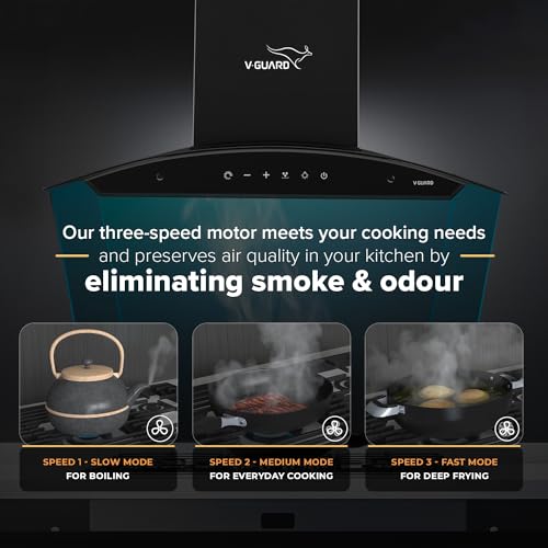 Image of V-Guard C10 60cm Kitchen Chimney | 1000 m /h Suction Capacity | Filterless Chimney | Heat Auto Clean | Elegant Curved Glass Design | Free Cleaning Contract
