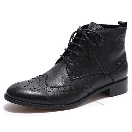 Mona flying Women's Comfort Leather Lace-up Oxfords Brogue Boots Ankle High Fashion Tie up Booties Low Heel Combat Boots