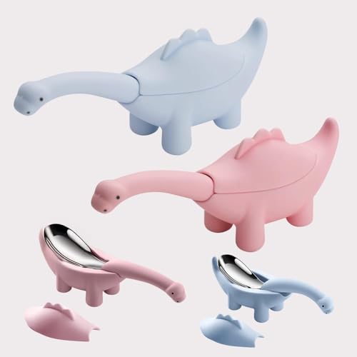 Image of Baby Spoon and Fork Set, Blue and Pink Silicone Toddler Cutlery Set with Dinosaur Case, 2 Pc, Self Feeding Utensils for Baby Meals School and Travel, Mealtime Essential