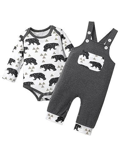 Image of BAVADER Baby Boy Clothes Long Sleeve Animal Plaid Romper + Overalls Infant Boy Clothes 2PCS Fall Winter Outfits