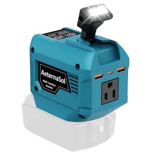 250W Power Inverter Compatible with Makita 18V Battery Portable Tool Battery Inverter DC 18V to AC 110V 1 AC Outlet 2 USB Ports 1 Type-C Fast Charge 200LM LED Light for Camping Emergency Job Site