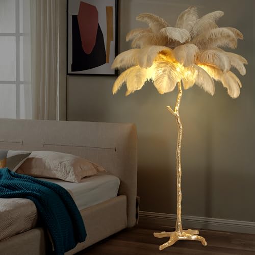 MAYOLA Luxury Resin Ostrich Feather Lamp, 35 Pieces Real Ostrich Feathers,Floor Lamp for Living Room, Bedroom and Office 67” Tall Feather Lamp(Ostrich Color, Floor Lamp)
