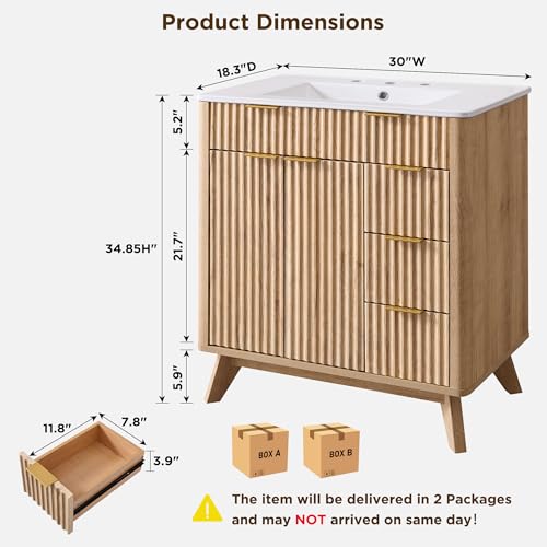 T4TREAM 30" Fluted Bathroom Vanity with Ceramic Sink Combo，Freestanding Modern Bathroom Storage Vanity Cabinet with 2 Soft Closing Doors & 3 Drawers，Wood Grain Texture，Metal Handle，Natural Oak - Thumbnail 2