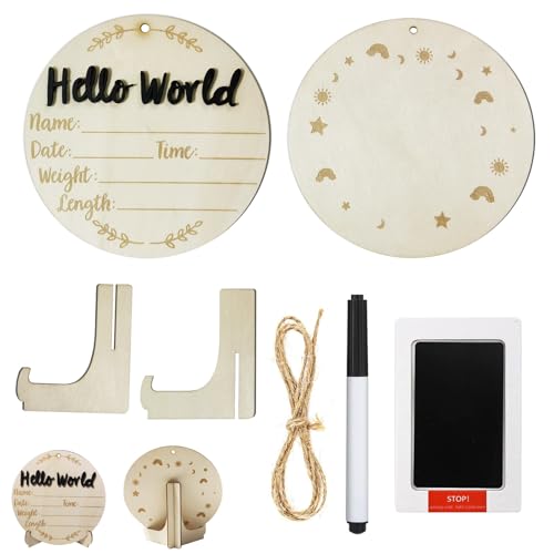 Image of Baby Announcement Sign, Double-Sided Hello World Newborn Name Sign with Marker, Ink Pad, Footprints and Stand, Round Baby Nursery Name Signs, Wooden Birth Announcement Board for Nursery Gifts.