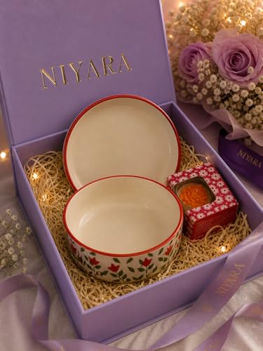 Image of Niyara Stoneware Handmade Ceramic Stylish Premium Serving Bowls /Salad Tray Microwave Dishwasher Safe (Red Leaf Bowl, with Gift Box & Candle)