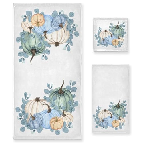 QUGRL Blue Pumpkin Thanksgiving Towels Set of 3 Floral Fall Super Soft Luxury Bath Towel Decorative Hand Towels Cotton Washcloths for Bathroom Kitchen Hotel Beach Gym Spa