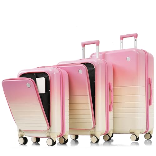 Luggage Set of 3 for Travel, Front Opening Design, Includes USB Port and Cup Holder, Pink