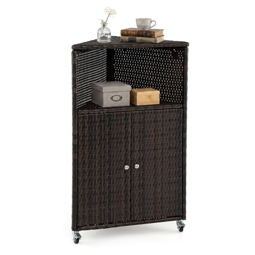 COSTWAY Armario de Ratán para Exterior, Mueble de Almacenamiento con Ruedas, Compartimento Abierto, Armario de 2 Niveles con Puertas, Aparador Rodante para Patio, Jardín, Terraza