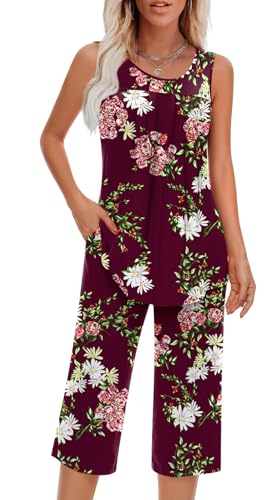 Image of Findsweet Women Pajamas Sets Loungewear Soft Sleepwear Two Piece Summer Sleeveless Pjs Tank Top Pants with Pocket S-4XL