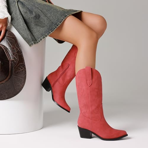 Image of AOSPHIRAYLIAN Cowboy Boots for Women Retro Pointed Toe Pull On Block Chunky Heel Glitter Sparkly Metallic Embroidecamel Country Concert Outfits Calf Western Cowgirl Boots