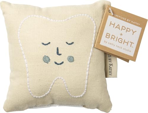 Image of Primitives by Kathy Dear Tooth Fairy Stop Here Mini Tooth Pillow, 5x5-Inch, Cotton Blend, Blue Embroidered Keepsake with Storage Pocket and Tooth Design on Front