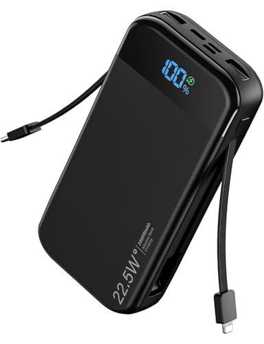 SOUNIX Power Bank 20000 mAh, 22,5 W USB-C Schnellladung, Powerbank mit 2 Kabel, 5 Ausgänge, 3 Eingänge, Kompatibel mit iPhone 17 16 15 14 13 12 Pro Samsung S25 S24 Airpods iPad