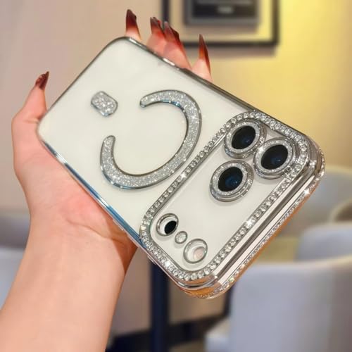 Image of for iPhone 17 Pro Max Magnetic Glitter Case,Luxury Bling Rhinestone Diamond Plated Bumper Case Sparkle Camera Lens Protection Clear Cover for iPhone 17 Pro Max (Silver)