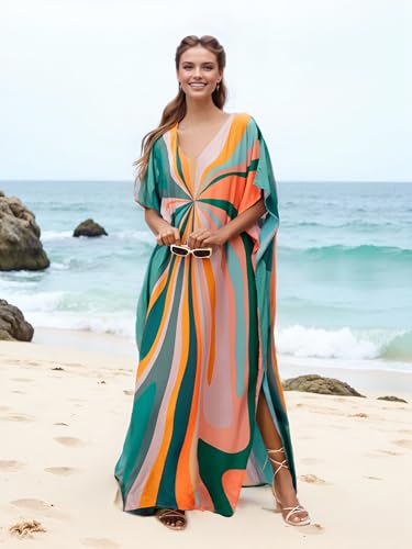 RanRui Floral Print Kaftan Dresses for Women Ethnic Boho Print swim cover up Batwing Sleeve Vneck Caftans4