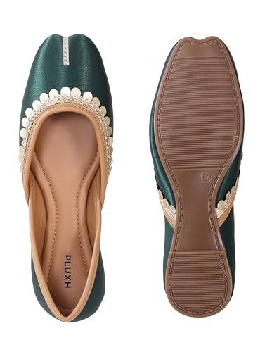 Image of Pluxh Women's Ethnic Jutti Shoes | Shiny Finish Mojari with Sequin Border | Soft Cushioned Slip-On Flats for Casual