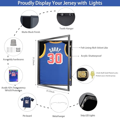 Image of Jersey Frame Display Case with LED , Sports Jersey Frame Lockable Shadow Box with UV Protection Acrylic and Metal Hanger for Baseball Basketball Football Shirt, Black