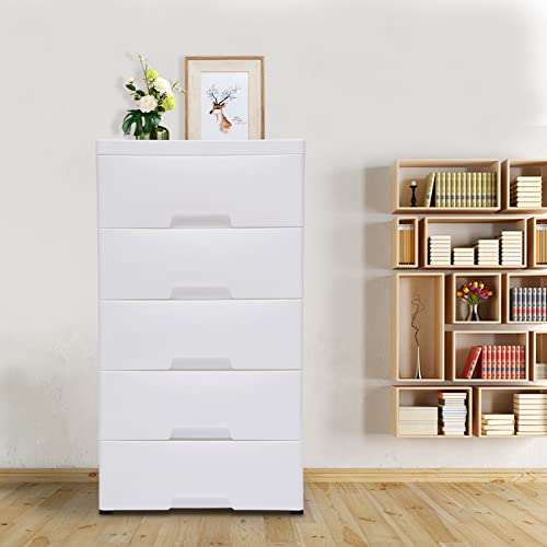 5 Tier Plastic Storage Dressers Drawers Stackable Vertical Clothes Storage Tower with Wheel Home Office Tall Storage Organizer, White