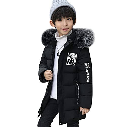 SXSHUN Manteau Enfant Garçon Doudoune Rembourré Parka à Capuche Fourrure Hiver Chaud Blouson Veste Matelassé Impression de Lettre, 13-14 ans, Noir