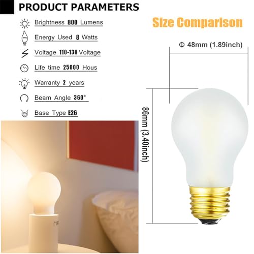 Image of Frosted E26 LED Edison Bulb 8W Equivalent 75 Watt A15 Light Bulb Warm White 2700K Dimmable E26 Led Bulb for Ceiling Fan,Wall sconces,Refrigerator,Desk lamp 800lm AC120V, 6 Pack
