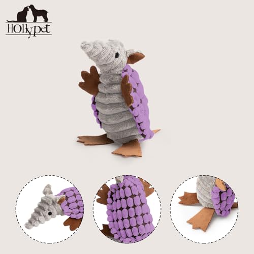 Image of Hollypet Plush Dog Squeaky Toy Stuffed Armadillo Animal Pet Puppy Chew Toys with Clean Teeth for Small Medium Large All Breed Sizes Dogs, Purple, 6 in