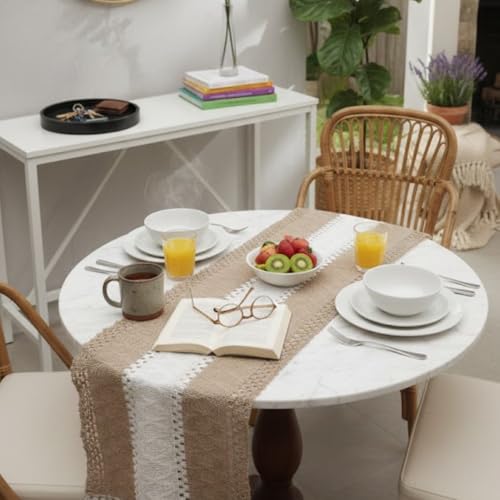 Image of HomeCloud Croshia Woven Table placemat - Heat Resistant, Washable Table Decoration for Dining, Office, Kitchen, Hotel, and Home (Runner Beige White, Set of 2)
