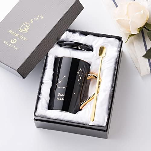 TILANY Coffee Mug - Constellation Drinkware Set with Ceramic Lid, Gold Spoon - Creative Zodiac Sign Tea Cups - Large Fancy Mugs - Astrology Gifts for Men & Women - 13.5oz Cup (Scorpio)