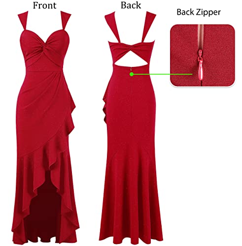 Image of VFSHOW Womens Glitter Sweetheart V Neck Twist Front Backless Ruched Ruffle Slit Formal Evening Gown Maxi Dress