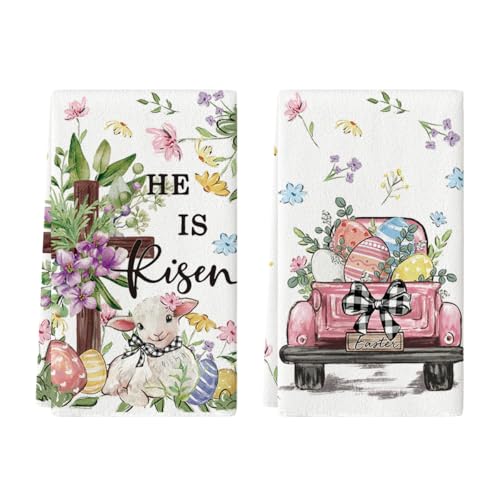 Artoid Mode Sheep Truck Bunny Eggs Bow Leaves Flowers Easter Spring Kitchen Towels Dish Towels 18x26 Inch Farmhouse Summer Decoration Cleaning Set of 2