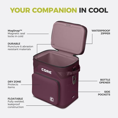 Image of CORE Magnetic Leak Proof Soft Cooler with Waterproof Zipper | Insulated Bag Portable Ice Chest Box | Best Soft Cooler for Food & Beverages for Tailgating, Car Camping, Travel, and Family Beach Picnics