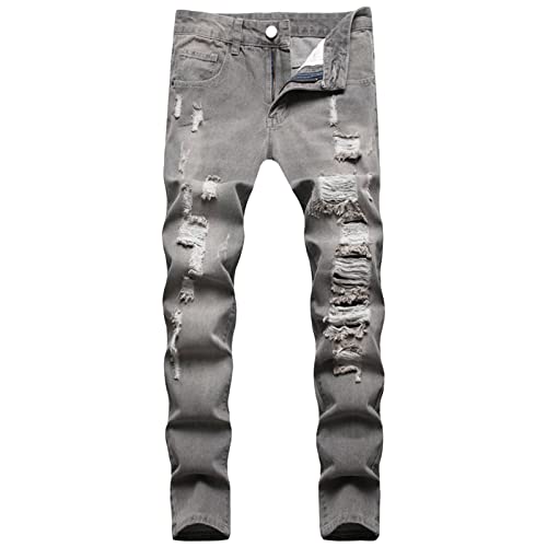 Maiyifu-GJ Men's Straight Leg Ripped Jeans Distressed Slim Fit Hip Hop Denim Jeans Casual Biker Jean Trousers with Hole (Grey,28)