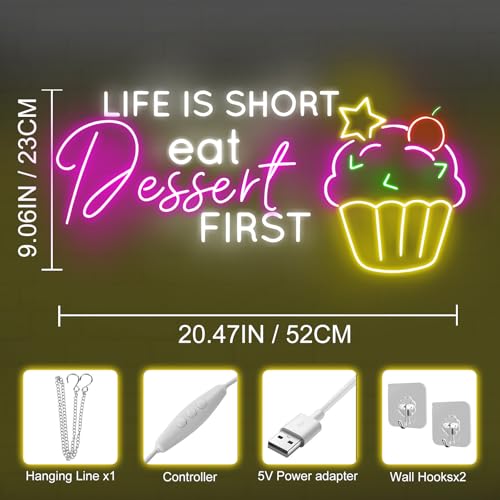Image of Life Is Short Eat Dessert First Neon Sign, Dessert Cake Store Wall Decor, Cupcake Bakery Led Lights, Strawberry Cake, Tea & Cake Shop, Restaurant Gaming Hotel Shop Club Restaurant, Family Party