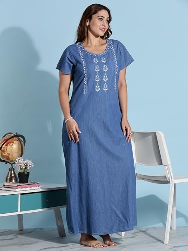 Image of 9shines Label Stylish Denim Cotton Nighty Maxi for Women | Full Length Trendy Nightgown | Premium Nightdress | Nightwear | Embroidery Nighty with Pocket (9SDS)