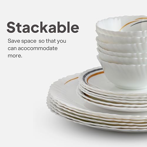 Image of Cello Dazzle Series Opalware Dinner Set 51 Pcs | Golden Arc | Opal Glass, Lightweight & Chip-Resistant | Microwave Safe, Dishwasher Safe | Scratch-Resistant Dinnerware | White