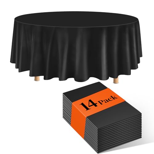 Image of Black 14 Pack 84 Inch Plastic Tablecloths, Disposable Round Plastic Tablecloth, Party Table Cover Plastic Table Cloth