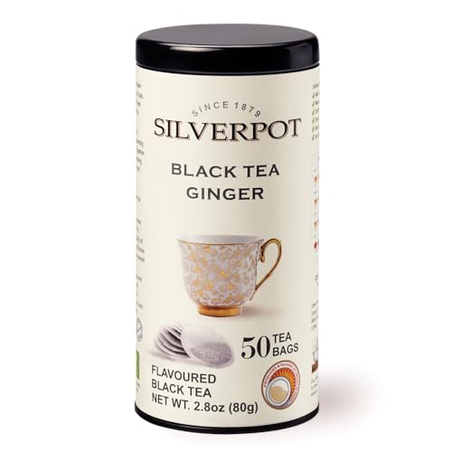 Silverpot Black Tea & Ginger, 50 Round Tea Bags, Tin | Gourmet Black Tea | Caffeinated | Enjoy Hot or Iced